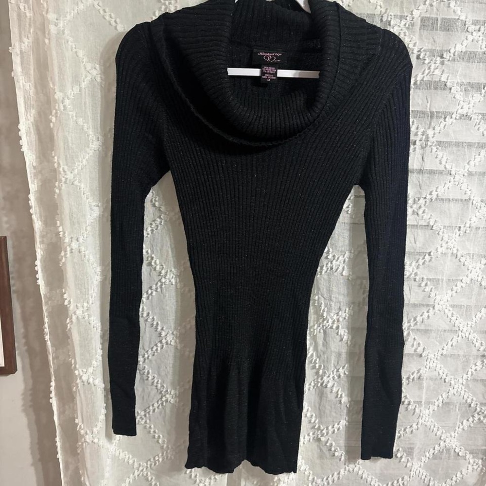 Hooked Up by Love Black Shimmer Ribbed Cowl Neck Tunic‎ Sweater Womens Medium